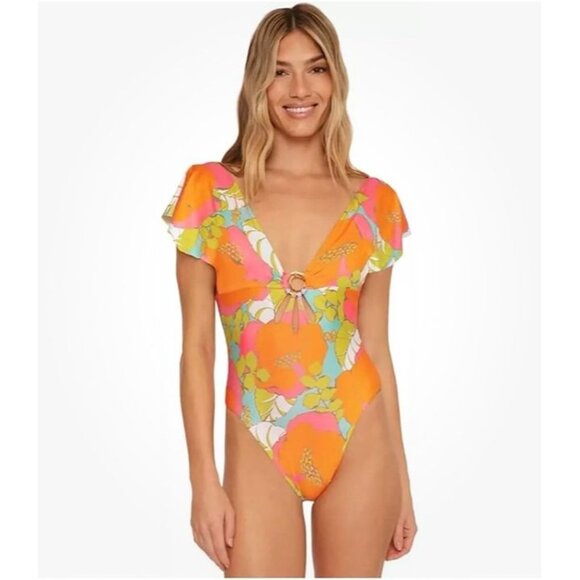$162 NWT Trina Turk PLAYA DE FLOR PLUNGE MAILLOT Swimsuit Sz 14 Flutter Sl 1 Pc - Picture 1 of 8